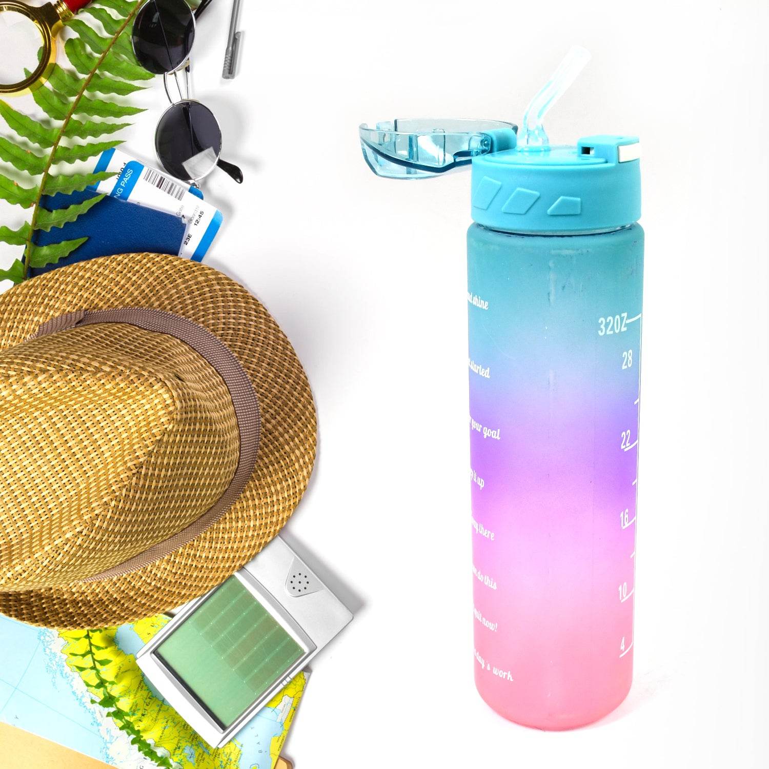 Plastic Colorful Motivational Water Bottle With Straw (900 Ml) - 9XShoppy