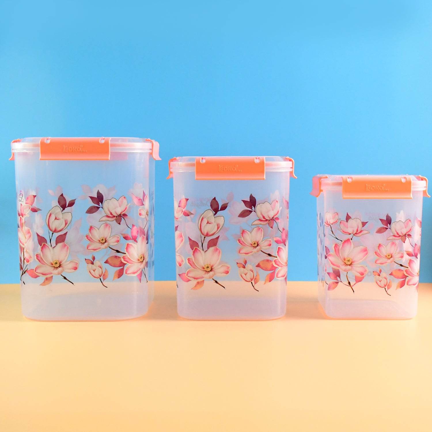 Square 3 Pcs Floral Printed Airtight Storage Container Set Approx 2.8 Ltr 4.5 Ltr 6.9 Ltr (3 Pcs Set) - 9XShoppy