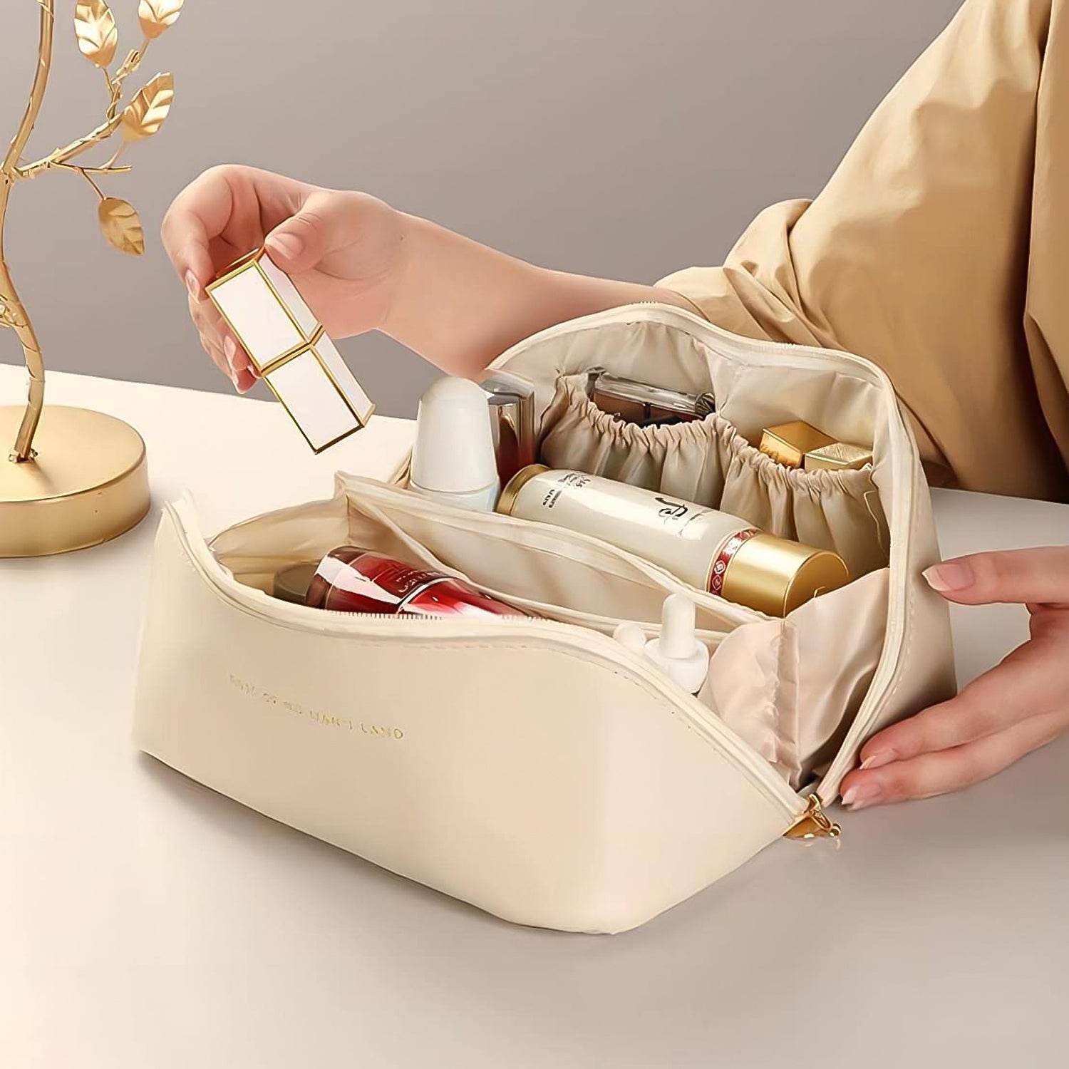 Premium Cream Travel Makeup Toiletry Organizer Pouch With Zipper Handle (1 Pc) - 9XShoppy