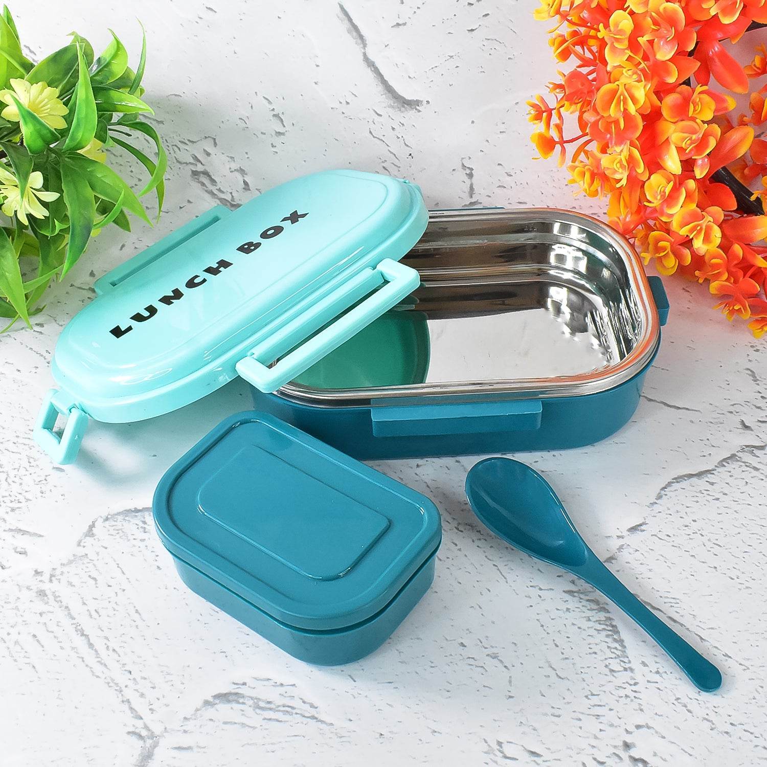 3 In 1 Spicy Bite Stainless Steel Lunch Box With Plastic Small Box Spoon (1 Set) - 9XShoppy