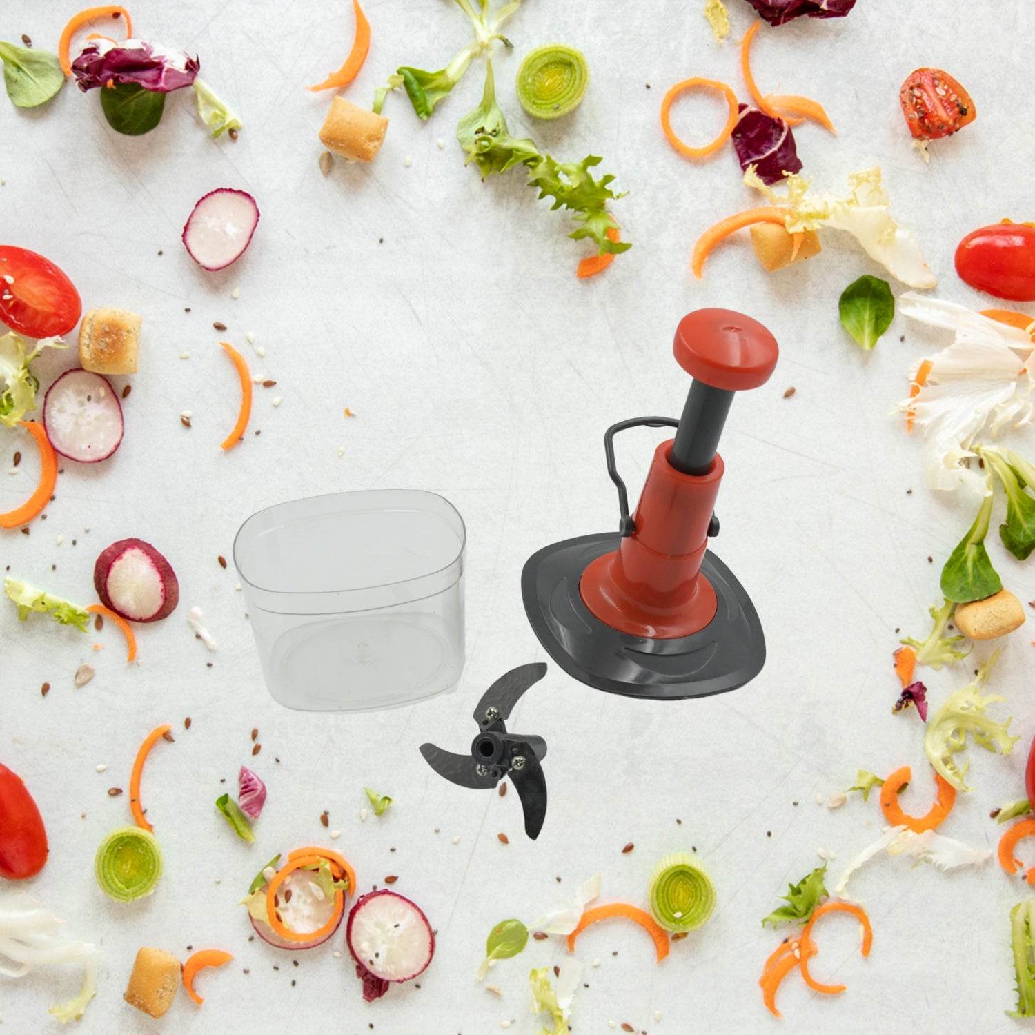 5790 Manual Press Fruit Vegetable Chopper With 3 Stainless Steel Blades Anti-slip Base And Locking System Cutting Chopper For Kitchen (650 Ml) - 9XShoppy