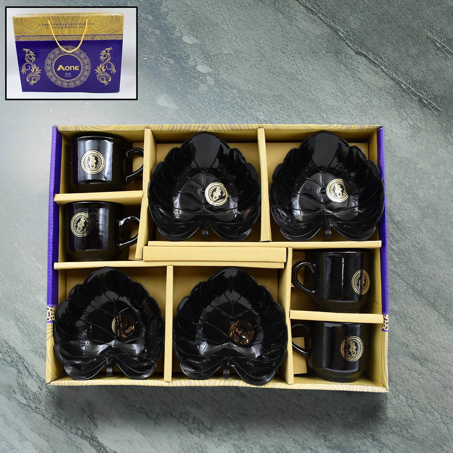 A One Ceramic Tea Cups Mug Set With Leaf Shape Serving Bowl (8 Pcs Set) - 9XShoppy