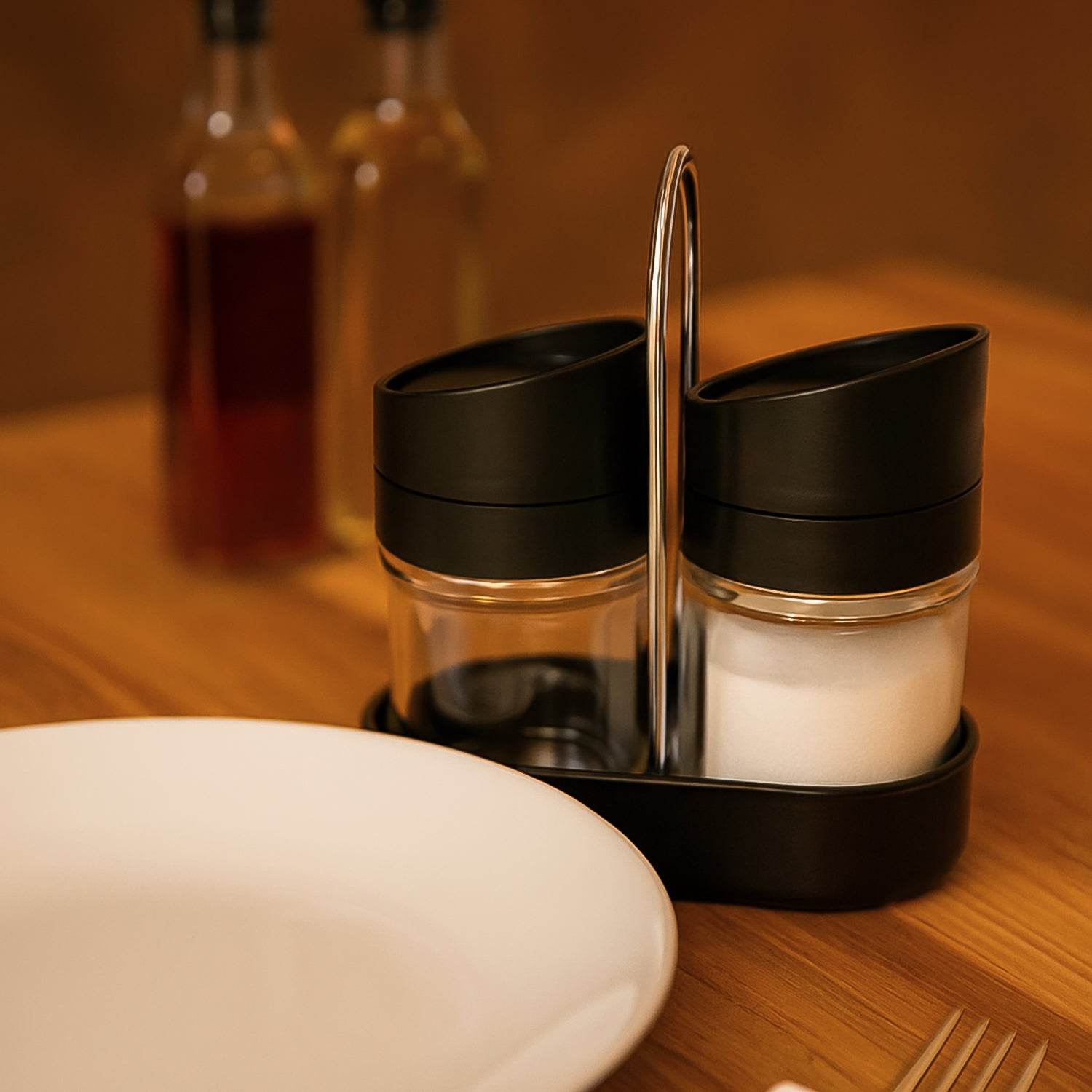 Apex Helix Salt N Pepper 2-piece Plastic Jar Set With Stand - 9XShoppy