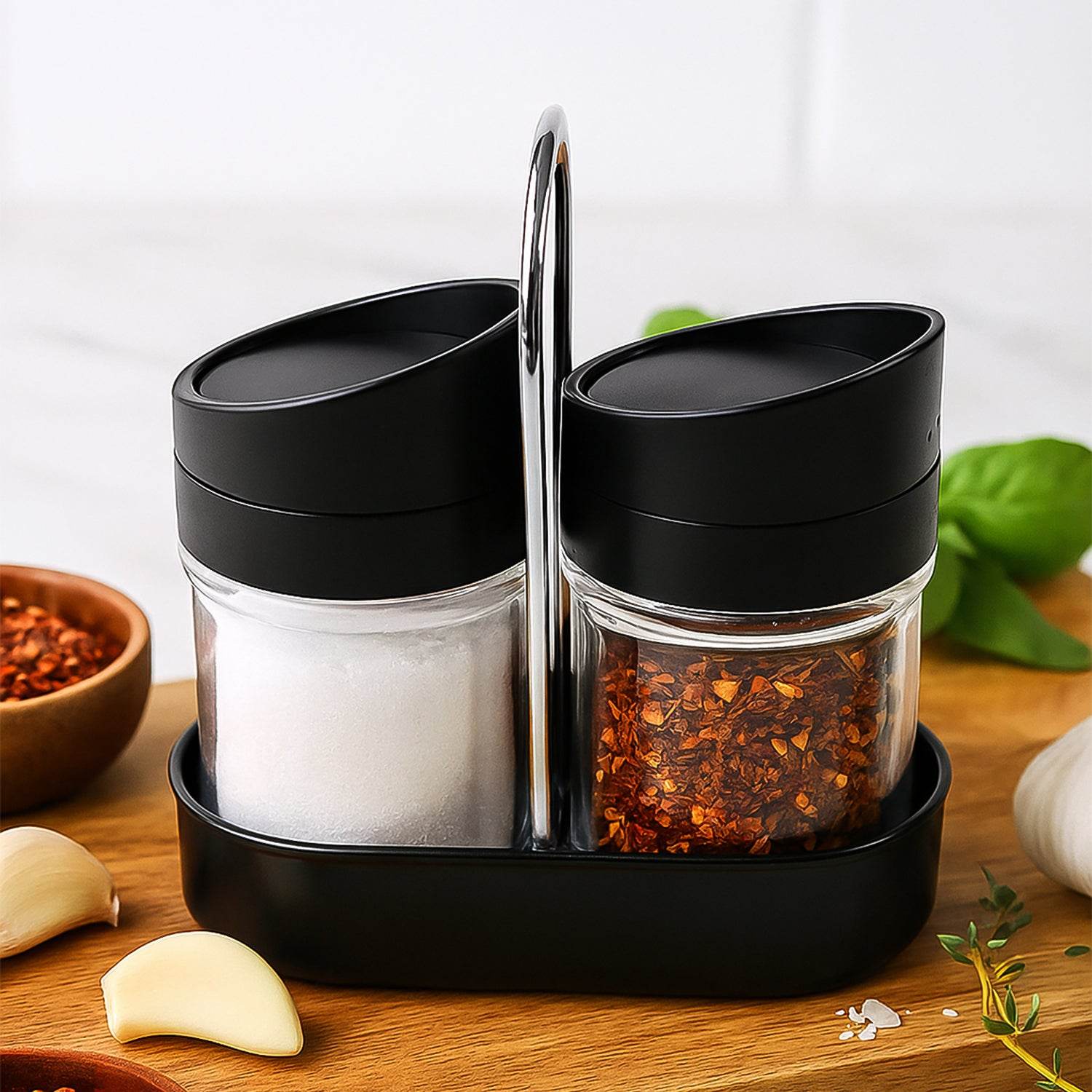 Apex Helix Salt N Pepper 2-piece Plastic Jar Set With Stand - 9XShoppy