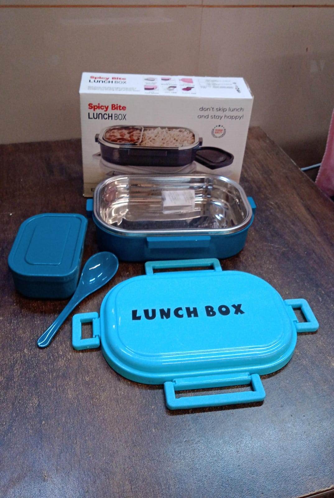 3 In 1 Spicy Bite Stainless Steel Lunch Box With Plastic Small Box Spoon (1 Set) - 9XShoppy