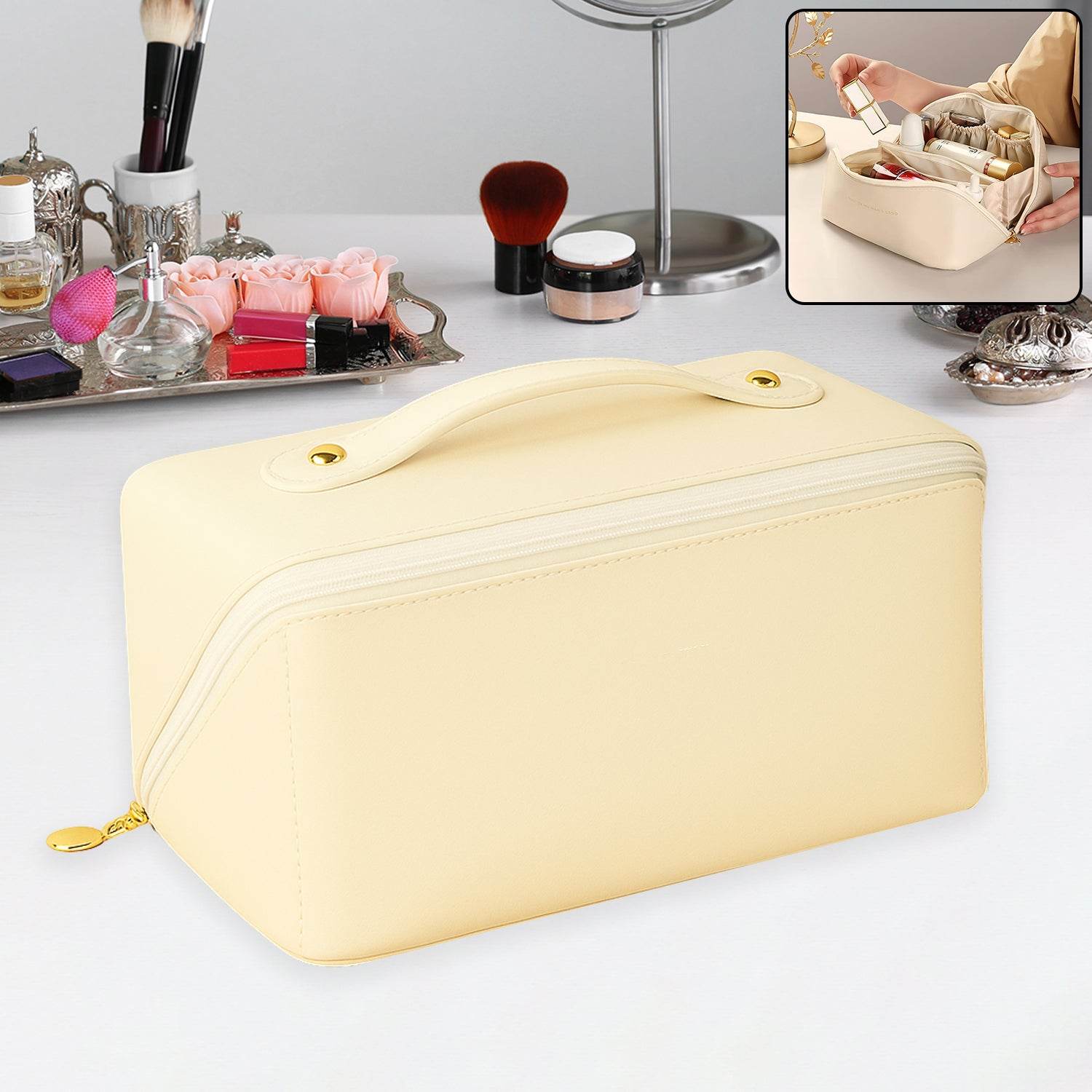 Premium Cream Travel Makeup Toiletry Organizer Pouch With Zipper Handle (1 Pc) - 9XShoppy