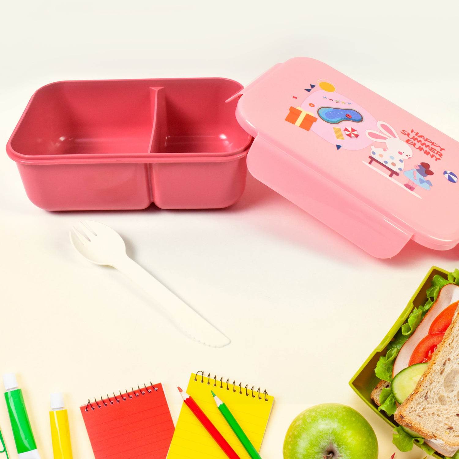 Plastic Lunch Box Leak Proof 2 Compartment With Bottle And Fork (1 Set Mix Color) - 9XShoppy