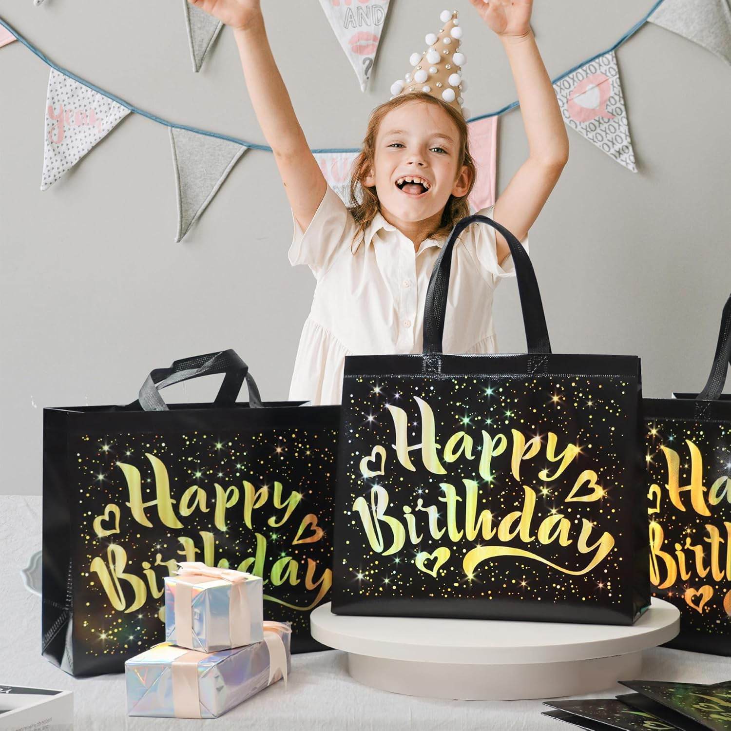 Birthday Gift Bag With Gold Shiny Stars Reusable Party Gift Bags (1 Pc) - 9XShoppy