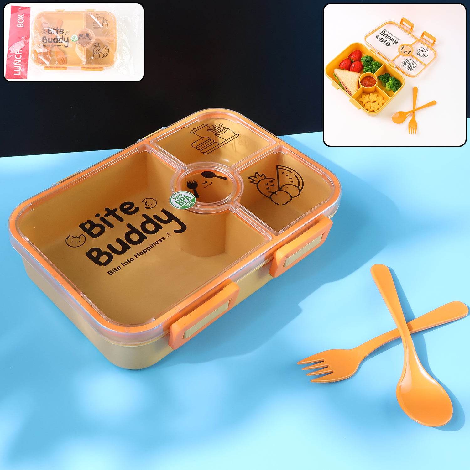 Bite Buddy 4-compartment Leak-resistant Plastic Lunch Box With Spoon Fork - 9XShoppy