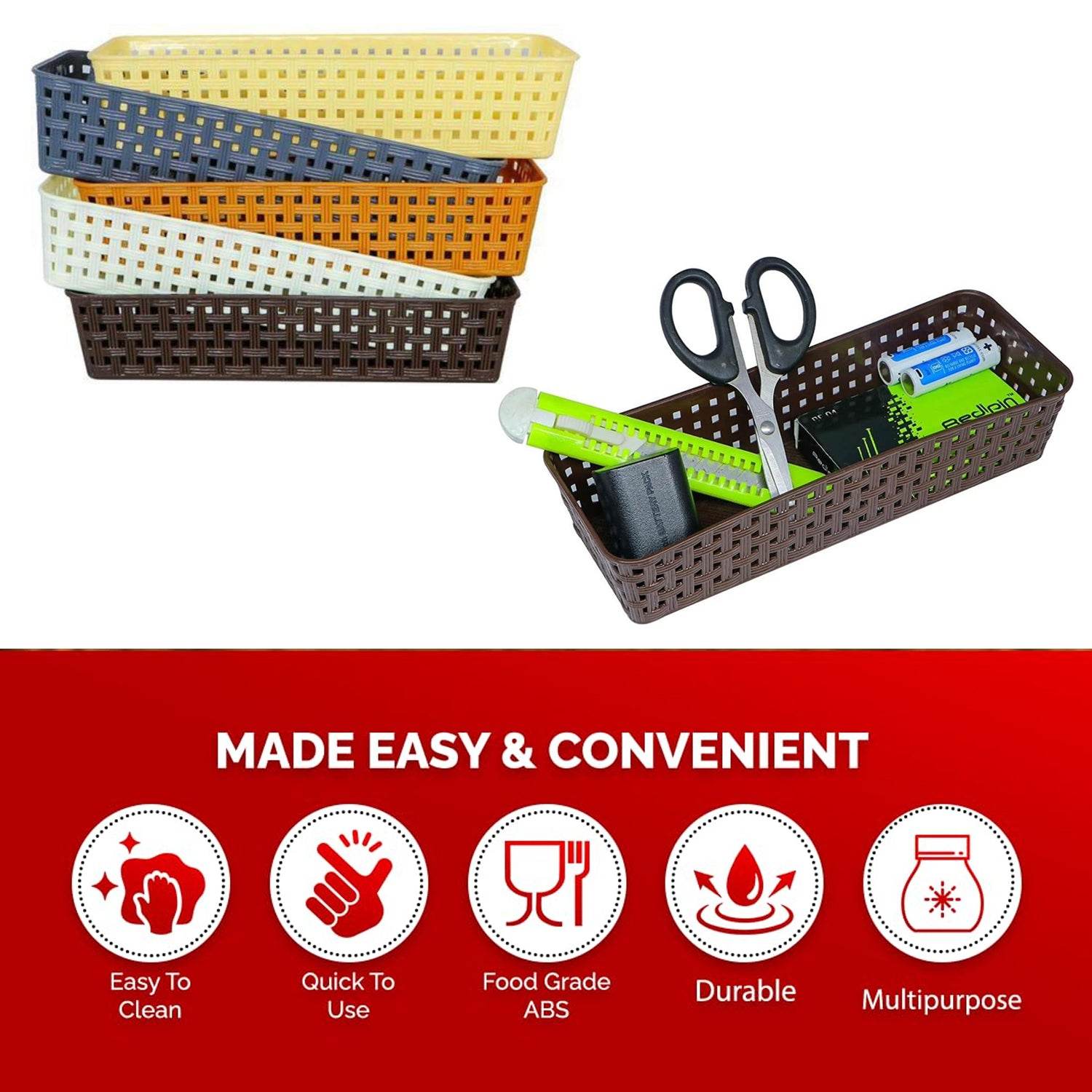 8787 Plastic Multipurpose Desk Organizer Tray Office Drawer Dividers Storage Bins For Kitchen Bathroom Office Makeup Bedroom Dresser Craft Basket Rack Multicolour (6 Pcs Set) - 9XShoppy