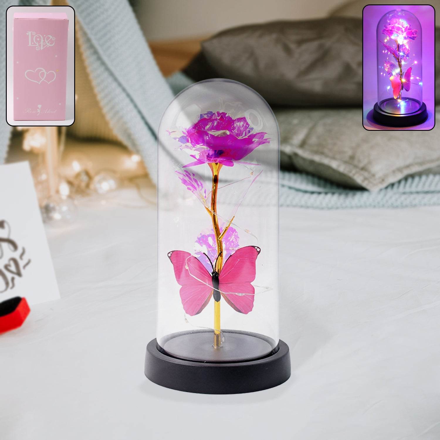Led Decorative Rose With Butterfly In Transparent Plastic Dome (1 Pc Battery Not Included) - 9XShoppy