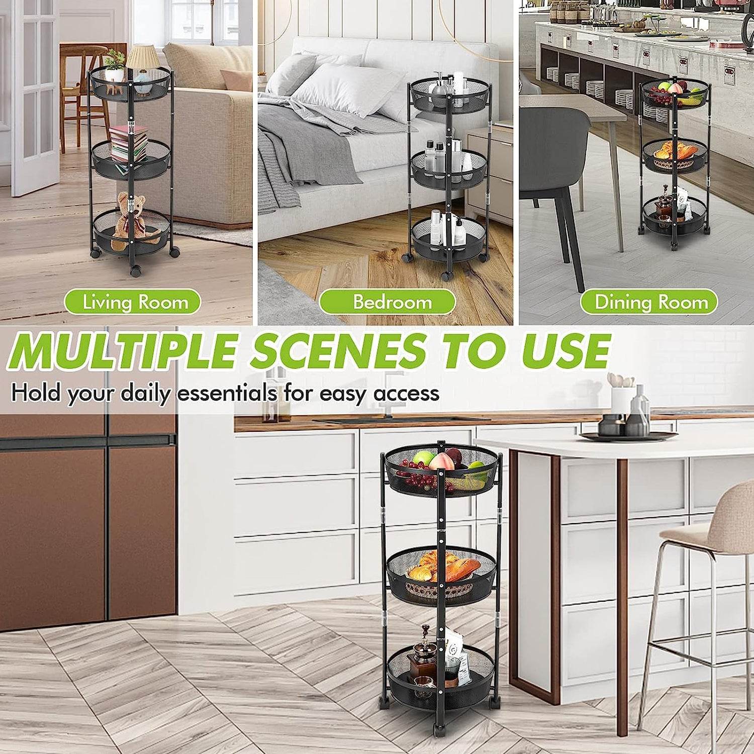 3-layer Round Metal Mesh Utility Storage Trolley With Wheels - 9XShoppy