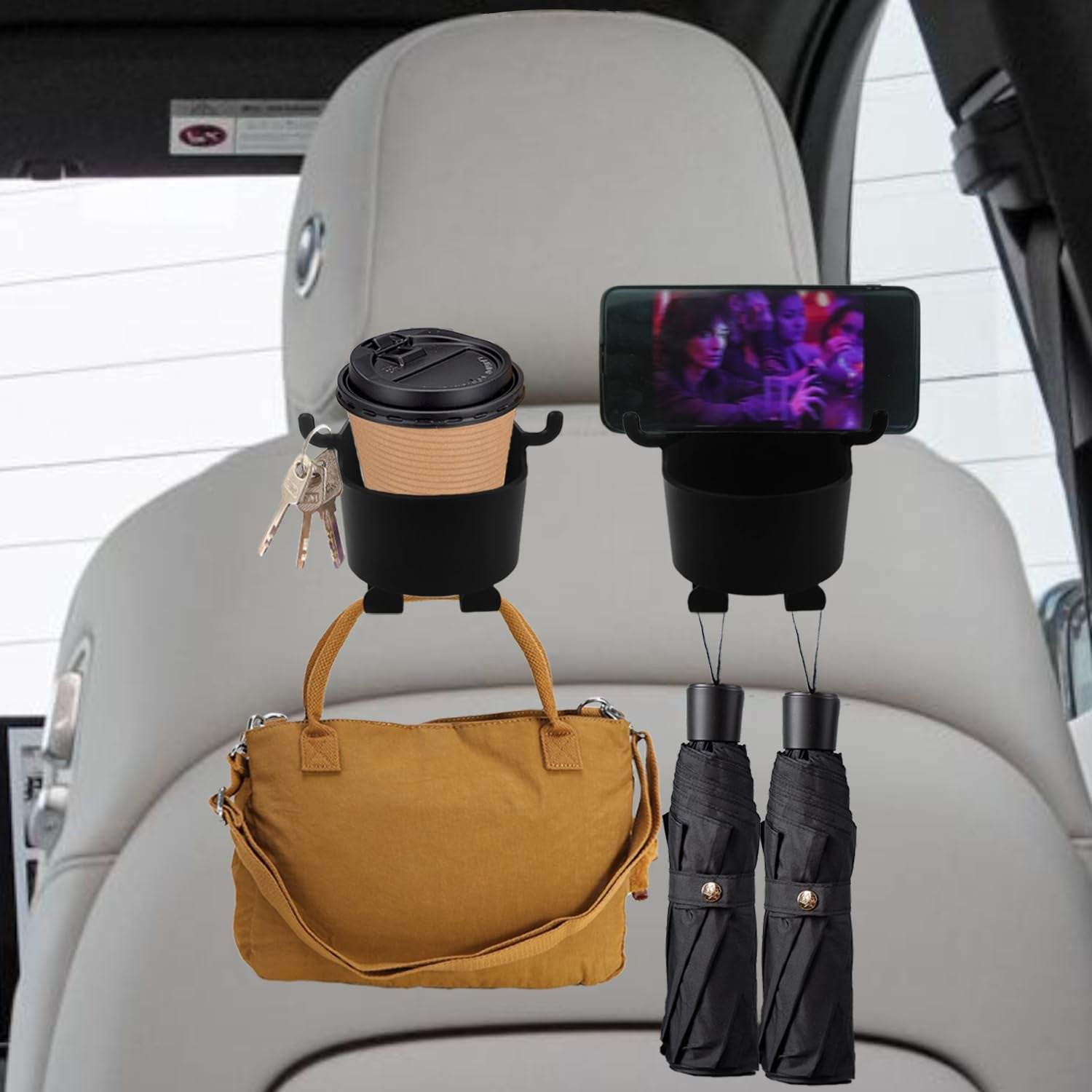8548 Car Headrest Backseat Organizer 3 In 1 Automotive Cell Phone Drink Cupholder Adapter With Headrest Hooks For Kids And Adults Multifunctional Storage For Car Travel Accessories - 9XShoppy