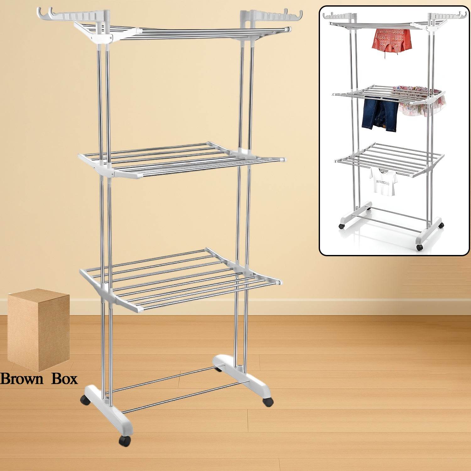 3-tier Foldable Stainless Steel Cloth Drying Stand With Wheels - 9XShoppy