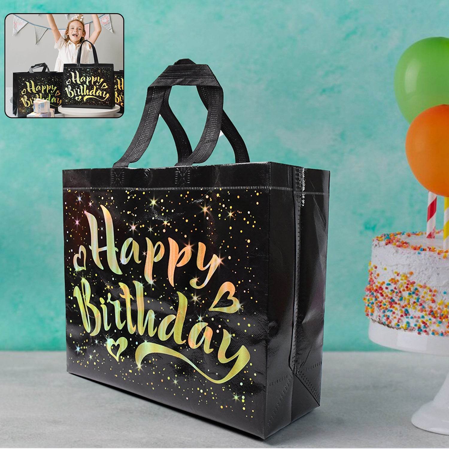 Birthday Gift Bag With Gold Shiny Stars Reusable Party Gift Bags (1 Pc) - 9XShoppy