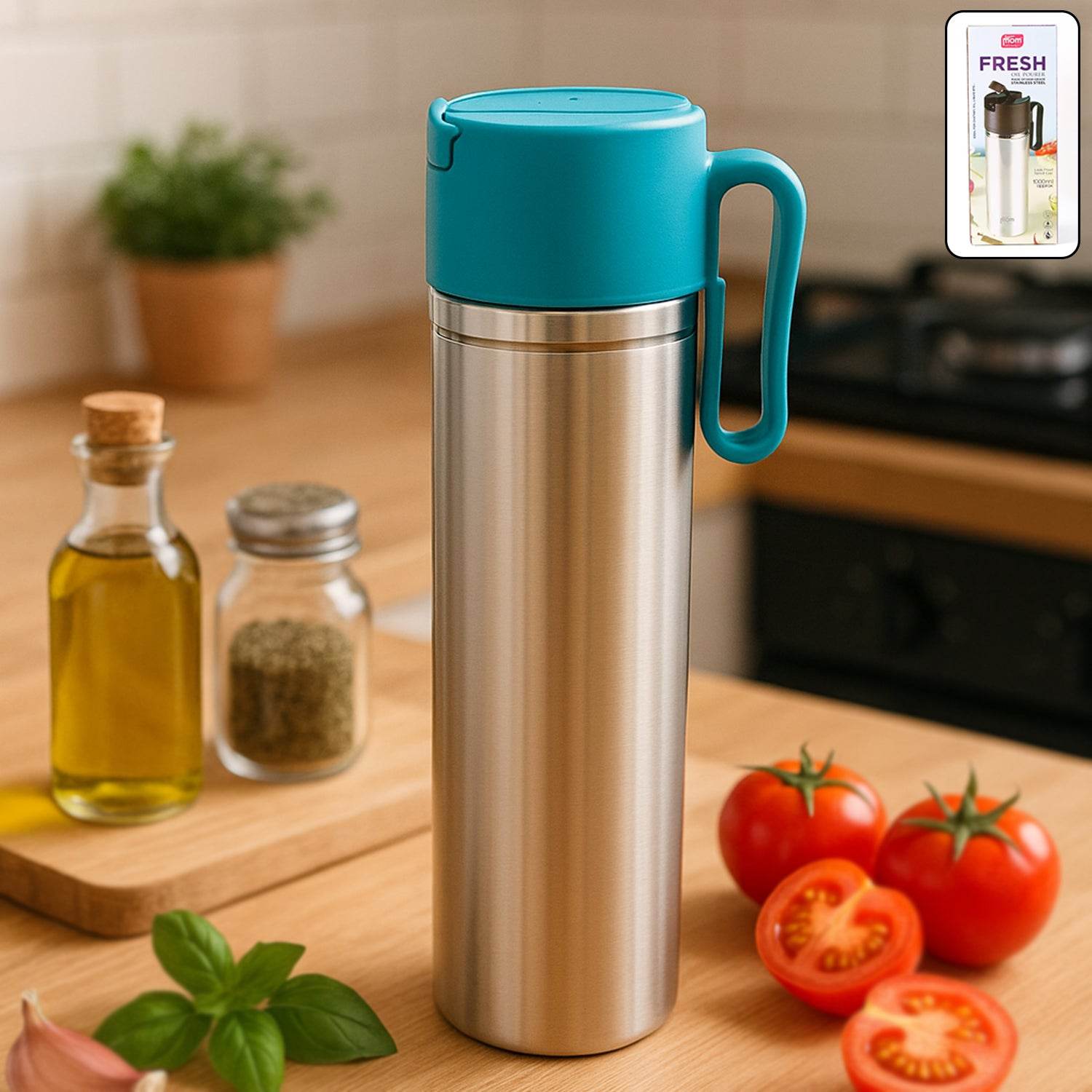 Stainless Steel Fresh Oil Pourer Bottle With Flip Lid And Handle Approx 1000ml (1 Pc) - 9XShoppy