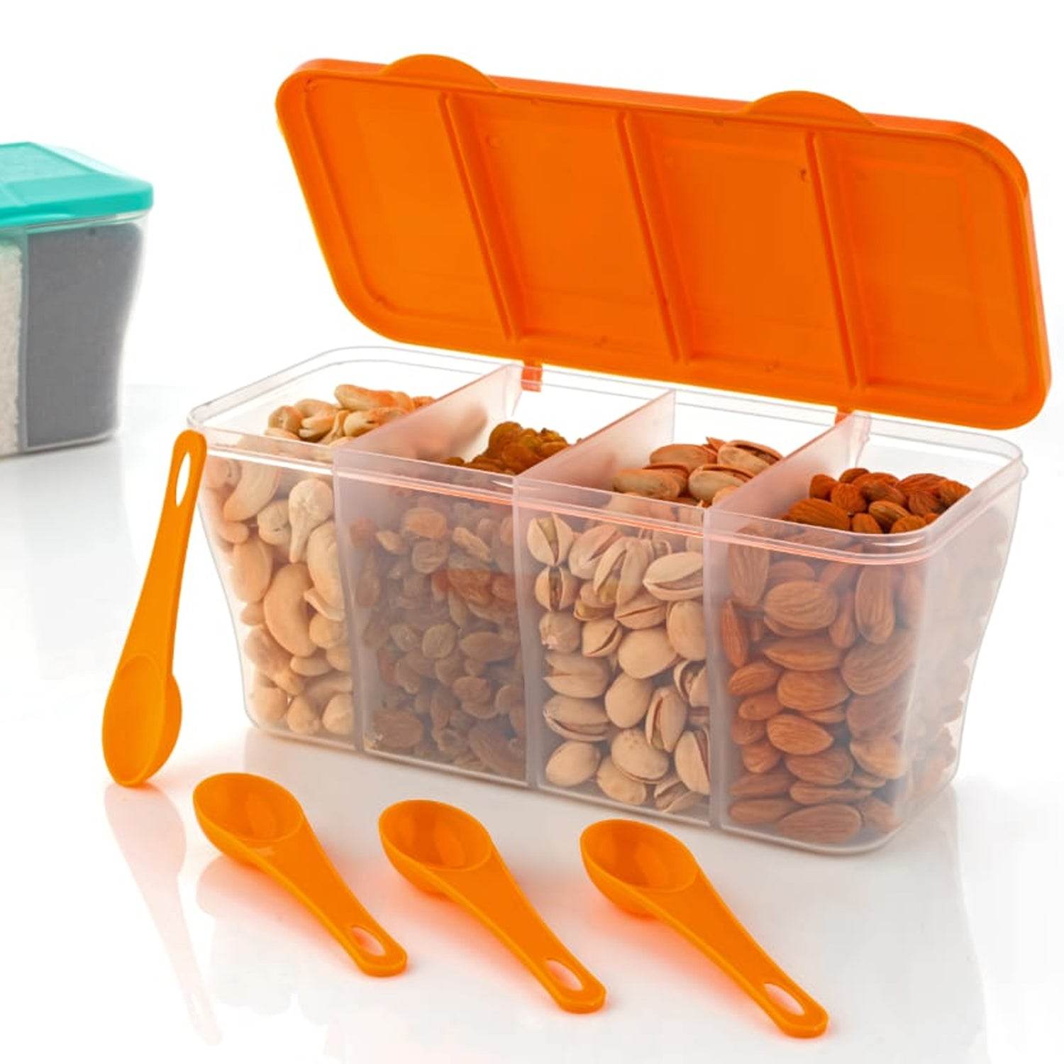 5578 Kitchen Multipurpose Air-tight 4 Sections Storage Containers Pickle (Achar) Jar With 4 Spoon For Each Section (1 Pc Mix Color) - 9XShoppy