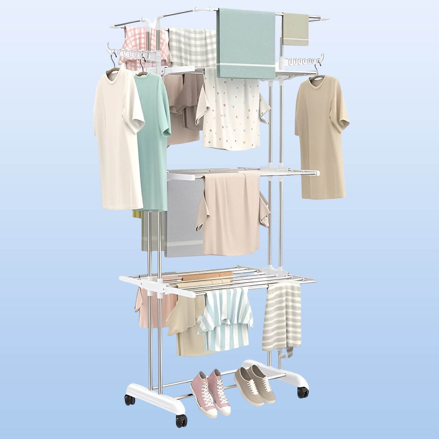 3-tier Foldable Stainless Steel Cloth Drying Stand With Wheels - 9XShoppy