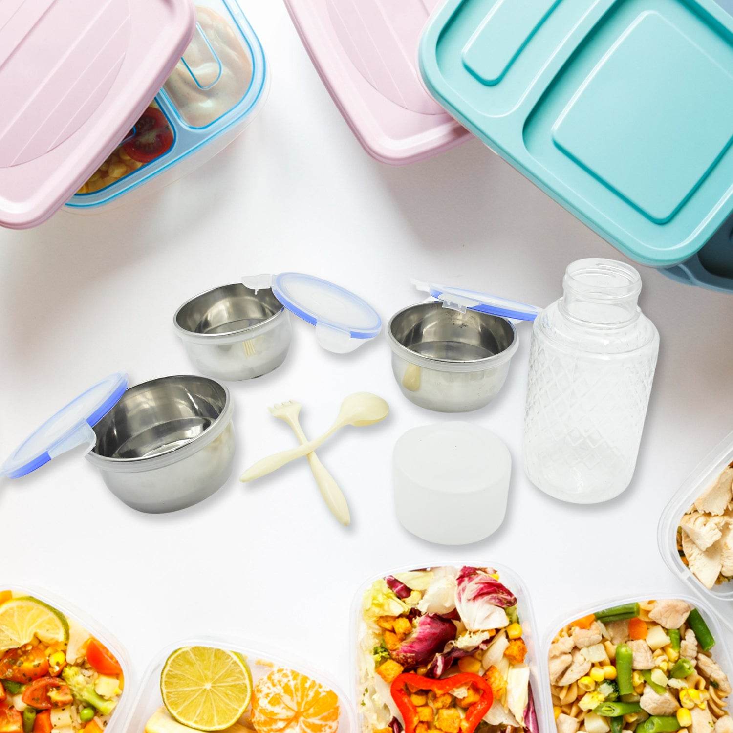 5773 6in1 Tiffin Box-lunch Box 3 Stainless Steel Containers Plastic Lid Box Spoon Fork Plastic Bottle Insulated Fabric Bag Leak Proof Microwave Safe For Office College And School For Men Women (6 Pcs) - 9XShoppy