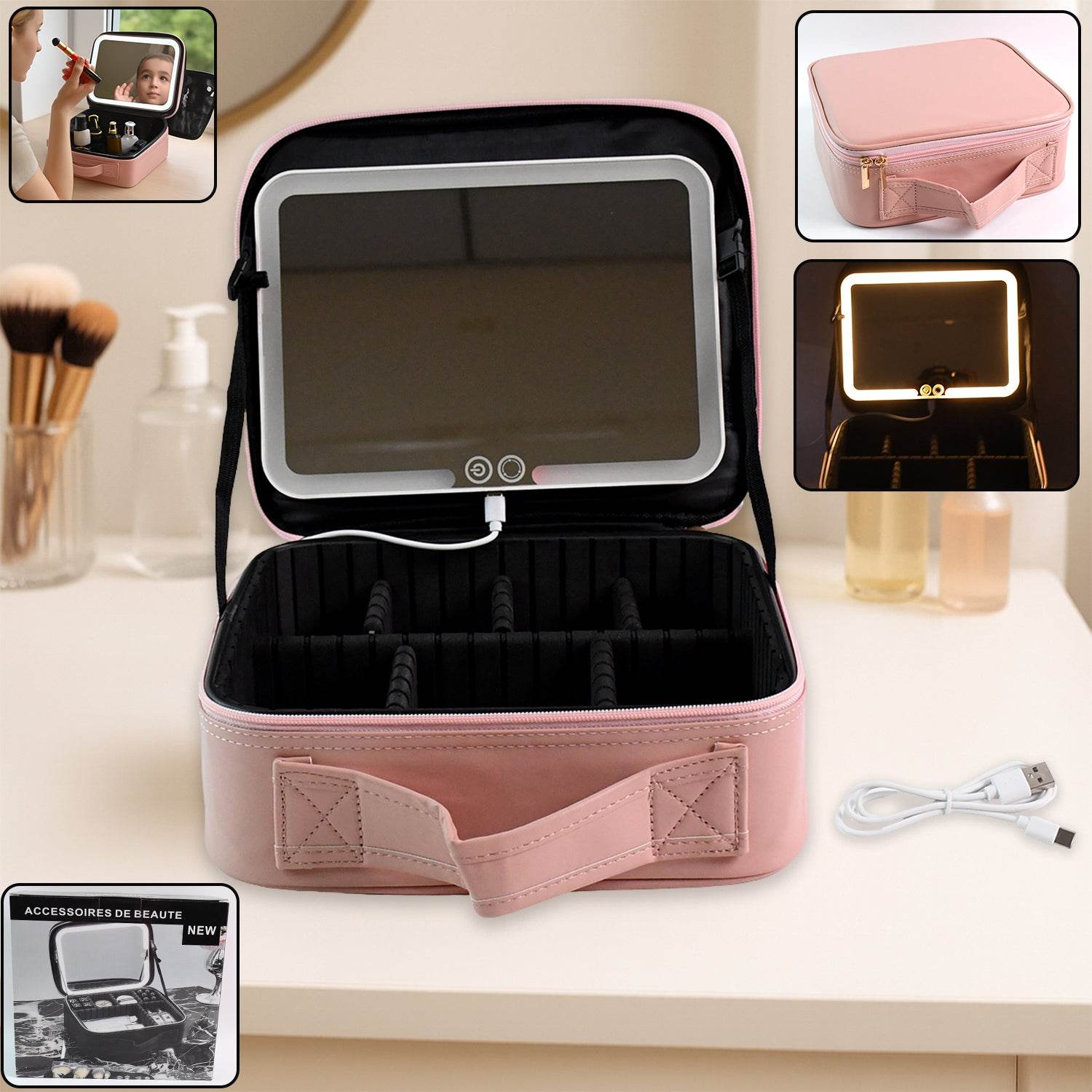 Pink Premium Led Light Makeup Organizer Box (1 Pc) - 9XShoppy