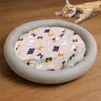 Round Soft Plush Cat Bed With Cartoon Cat Print Cushion 1 Pc - 9XShoppy