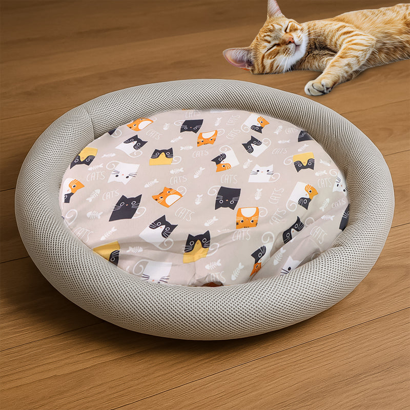Round Soft Plush Cat Bed With Cartoon Cat Print Cushion  1 Pc