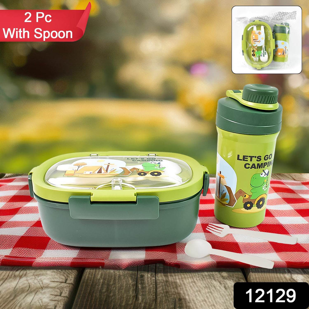 Plastic Lunch Box Leak Proof 3 Compartment With Bottle Spoon And Fork (1 Set) - 9XShoppy