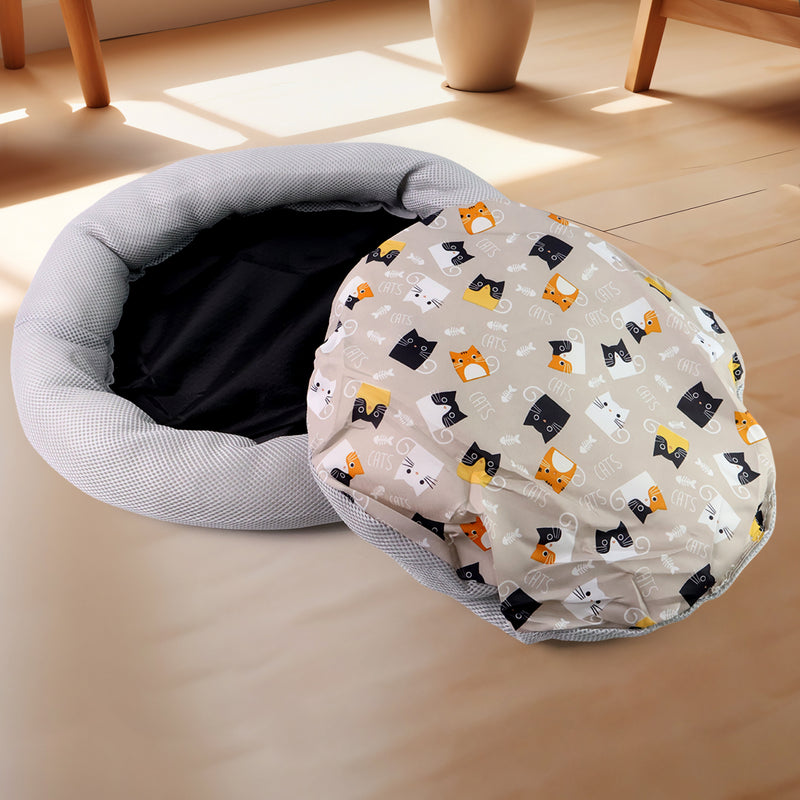 Round Soft Plush Cat Bed With Cartoon Cat Print Cushion  1 Pc