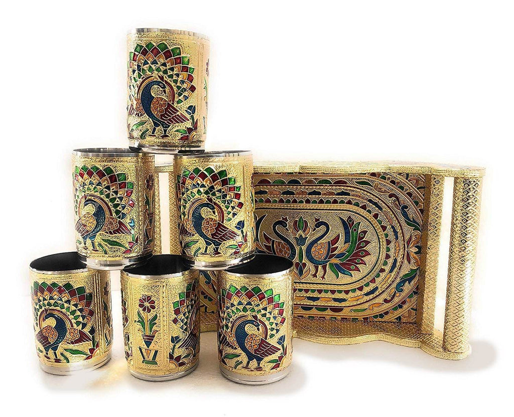 Peacock Design Glass With Handle And Handicraft Serving Tray Set - 9XShoppy