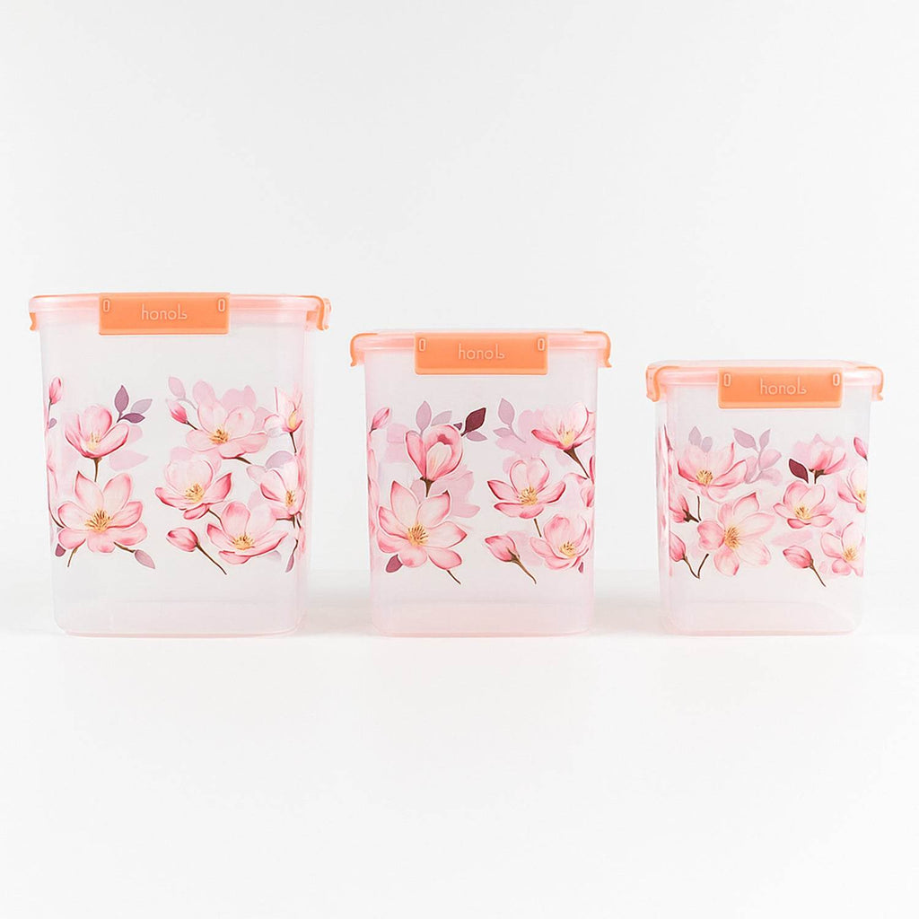 Square 3 Pcs Floral Printed Airtight Storage Container Set Approx 2.8 Ltr 4.5 Ltr 6.9 Ltr (3 Pcs Set) - 9XShoppy