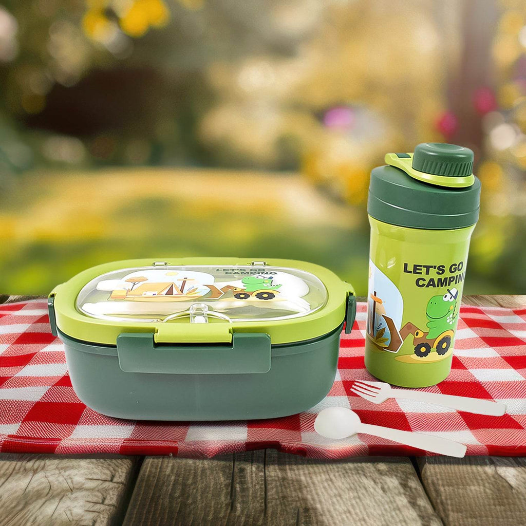 Plastic Lunch Box Leak Proof 3 Compartment With Bottle Spoon And Fork (1 Set) - 9XShoppy