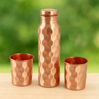 Diamond Cut Copper Water Bottle 2 Glasses With Gift Box (3 Pcs Set) - 9XShoppy