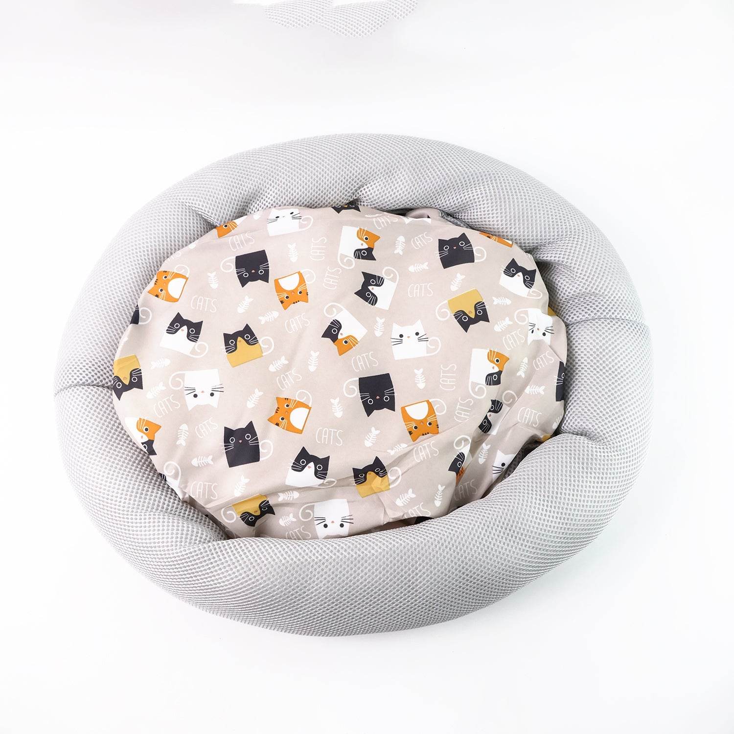 Round Soft Plush Cat Bed With Cartoon Cat Print Cushion 1 Pc - 9XShoppy