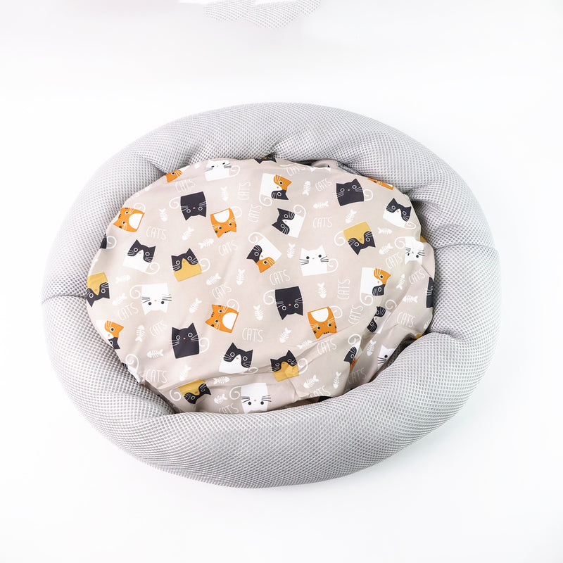 Round Soft Plush Cat Bed With Cartoon Cat Print Cushion  1 Pc