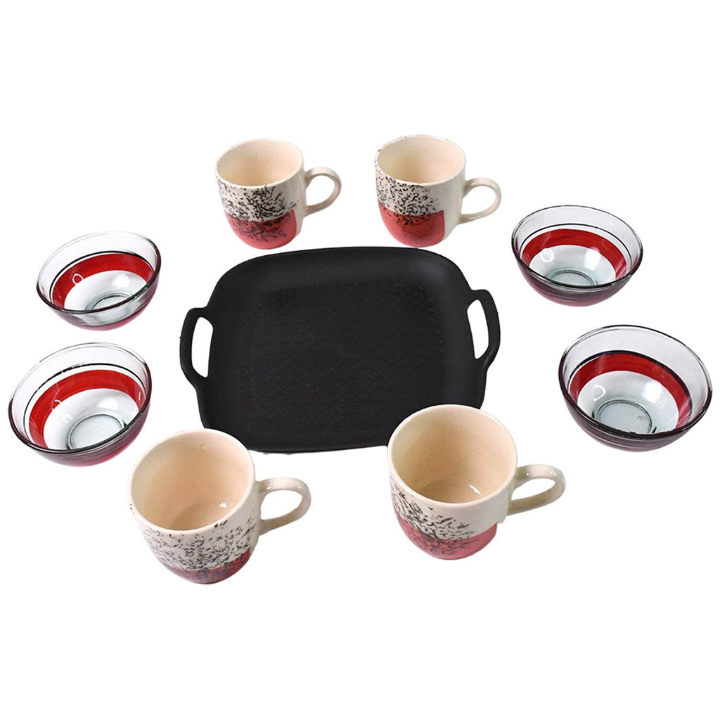 Healthy Choice Set Of 4pc Ceramic Cup And 4pc Glass Bowl With Plastic Plate (9 Pcs Set) - 9XShoppy