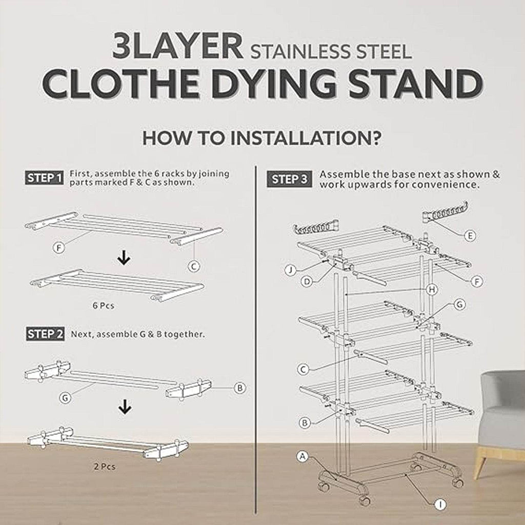 3-tier Foldable Stainless Steel Cloth Drying Stand With Wheels - 9XShoppy