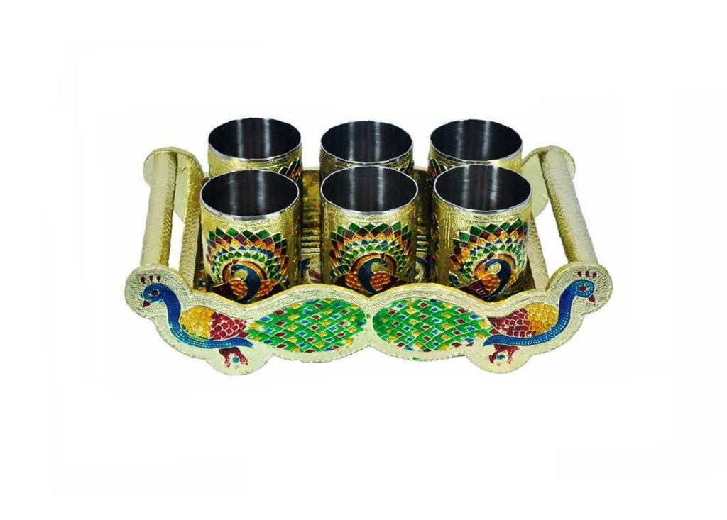 Peacock Design Glass With Handle And Handicraft Serving Tray Set - 9XShoppy
