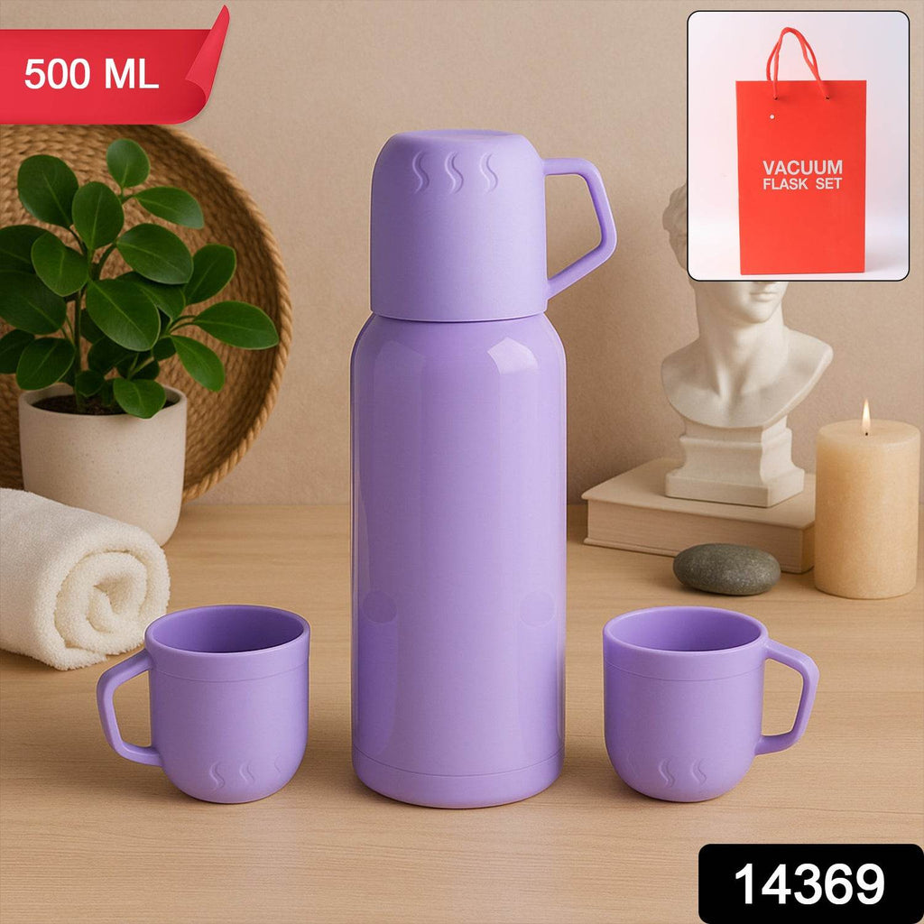 Purple Vacuum Flask Set Stainless Steel Thermos With 3 Cups Approx 500ml - 9XShoppy
