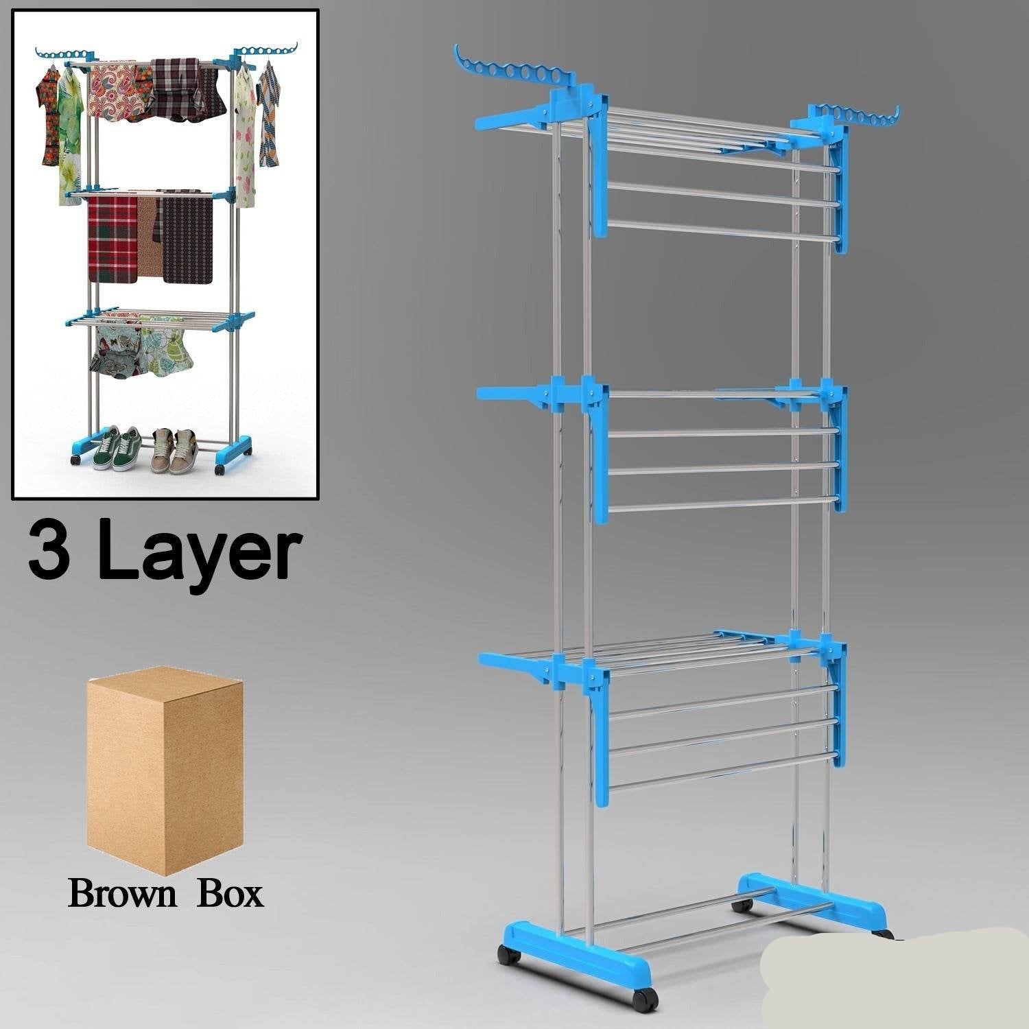 Premium Heavy Duty Stainless Steel 3 Layer Foldable Cloth Drying Stand (1 Set With Brown Box) - 9XShoppy