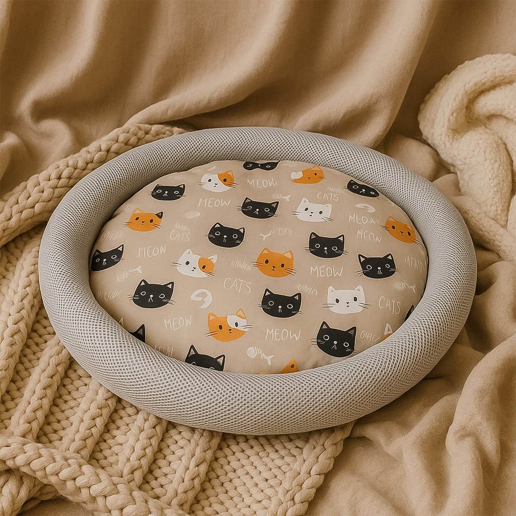 Round Soft Plush Cat Bed With Cartoon Cat Print Cushion 1 Pc - 9XShoppy