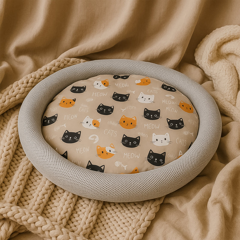 Round Soft Plush Cat Bed With Cartoon Cat Print Cushion  1 Pc
