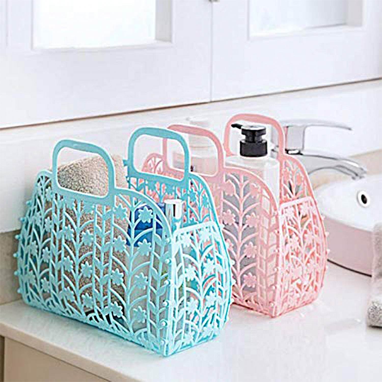 Plastic Foldable Basket Bag Fruit Vegetable Storage Basket (3 Pcs Set Multicolor) - 9XShoppy