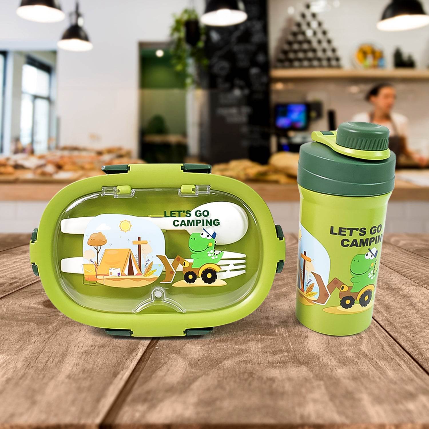 Plastic Lunch Box Leak Proof 3 Compartment With Bottle Spoon And Fork (1 Set) - 9XShoppy