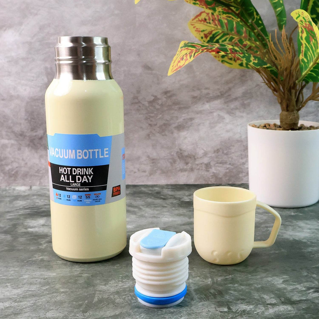 White Vacuum Flask Set Stainless Steel Thermos With 3 Cups Approx 500ml - 9XShoppy