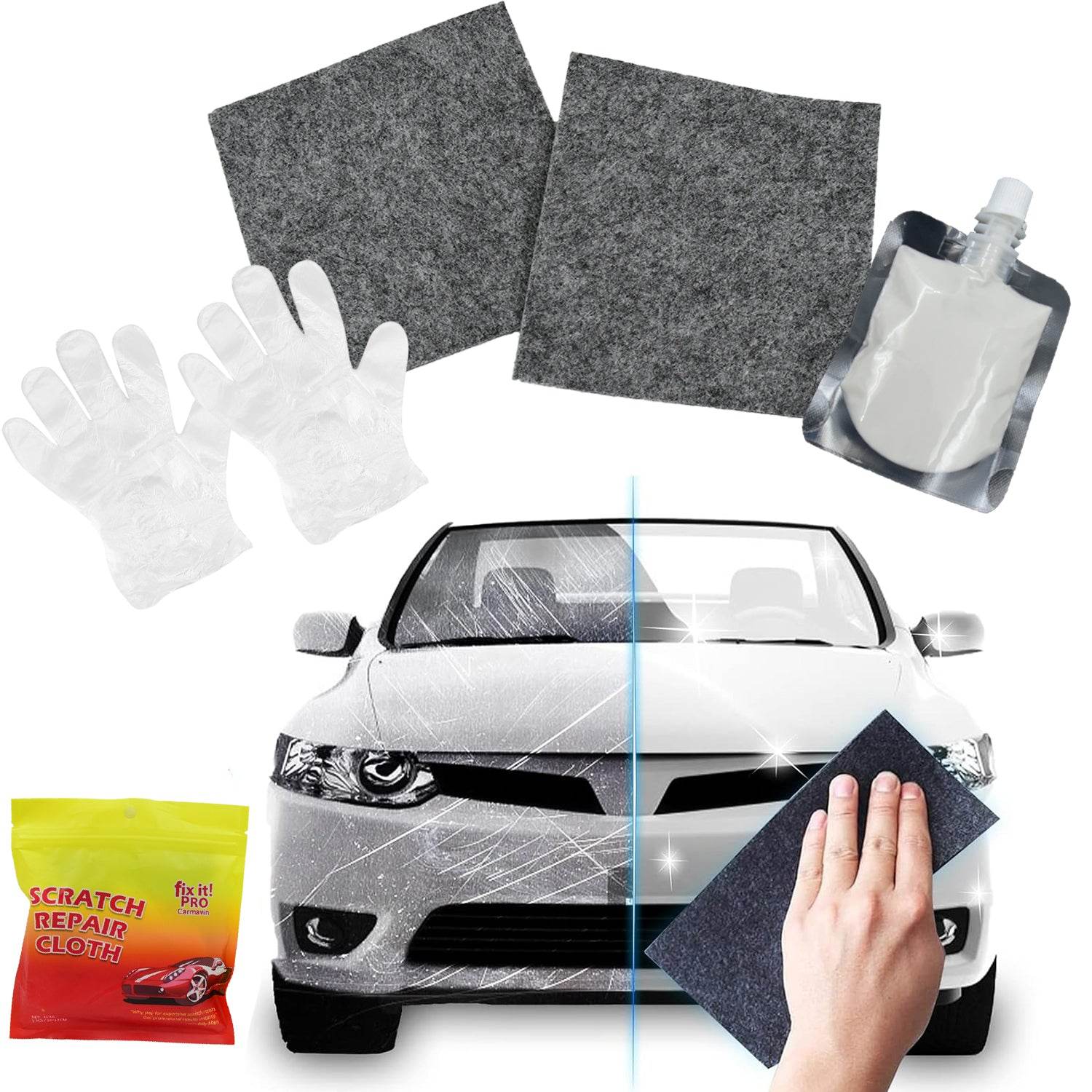 8527 Nano Magic Car Scratch Remover Cloth Multipurpose Scratch Repair Cloth Cloth For Car Paint Scratch Repair Easy To Repair Slight Scratches On The Surface Polishing Repeatable Use For All Kinds Of Car (45 Ml Repair Solution 2 Gloves 2 Nano Cloth) - 9XShoppy