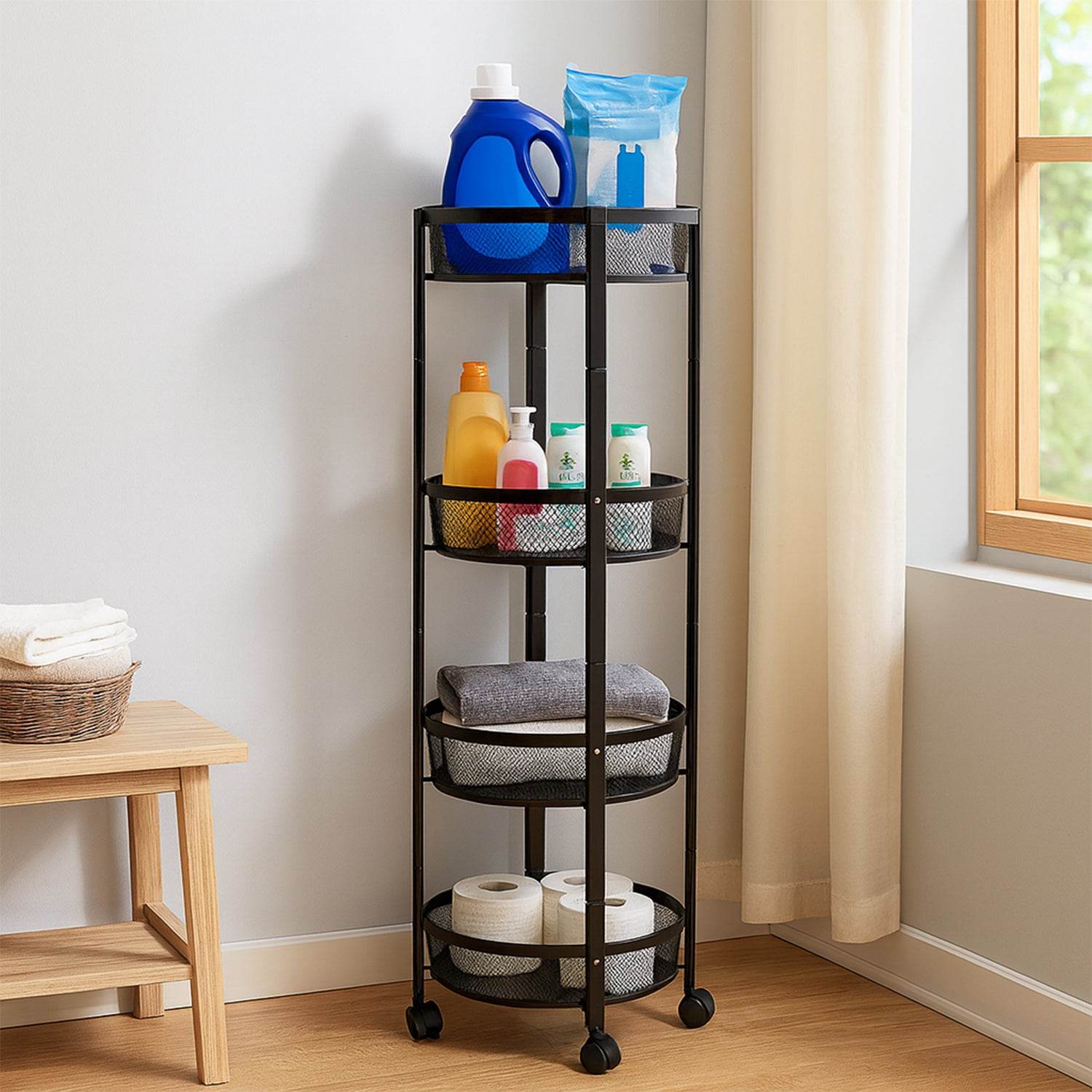 4-layer Round Metal Mesh Storage Organizer Rack With Wheels - 9XShoppy