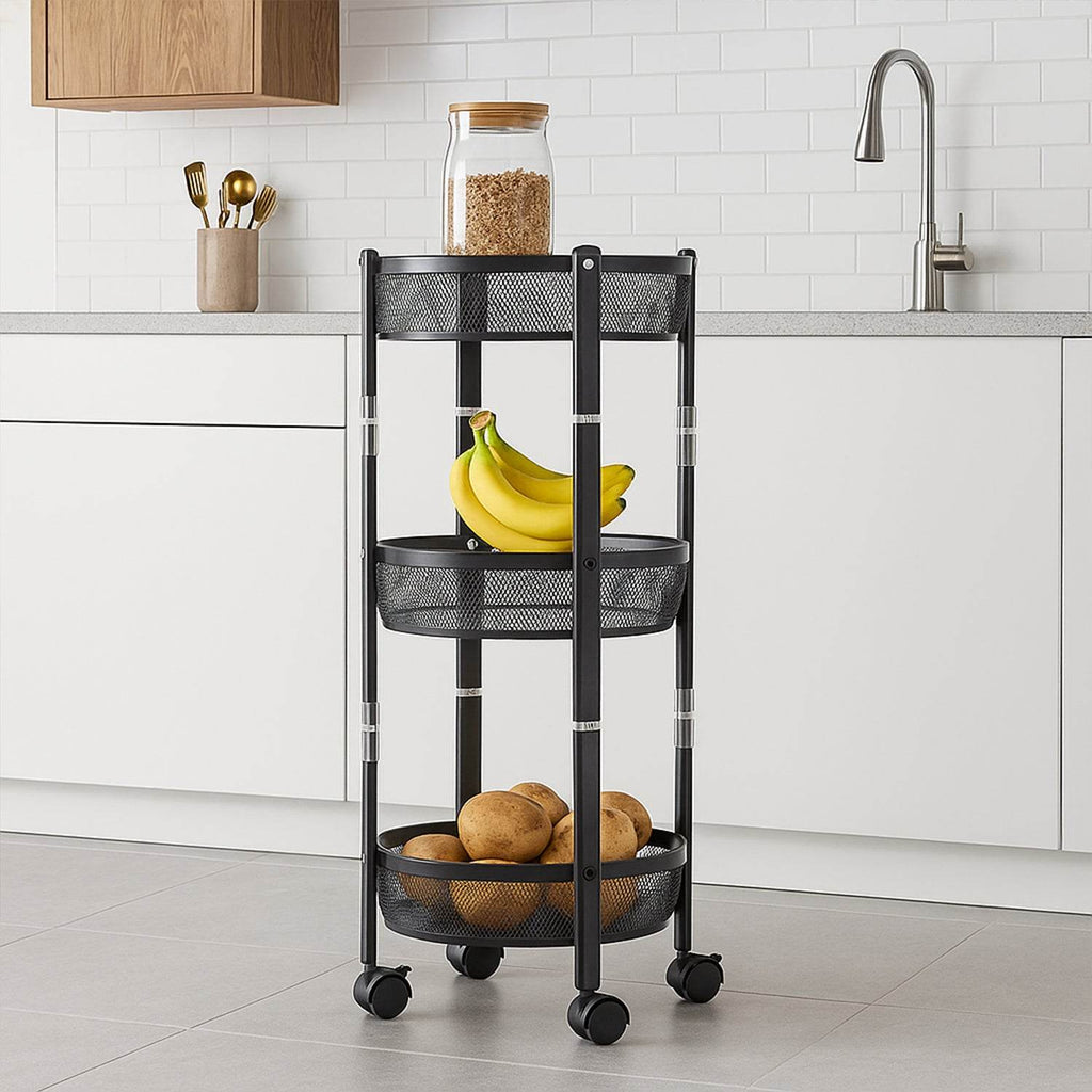 3-layer Round Metal Mesh Utility Storage Trolley With Wheels - 9XShoppy