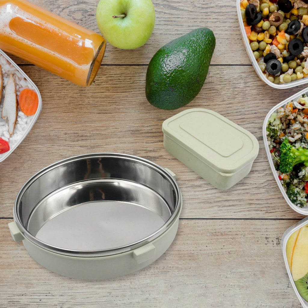 5584 Miracle Stainless Steel Round Lunch Box With Small Plastic Box Insert Leak Proof Lunch Box With Transparent Lid Lunch Box For Kids Adults For School Office (450 Ml + 250 Ml Approx) - 9XShoppy