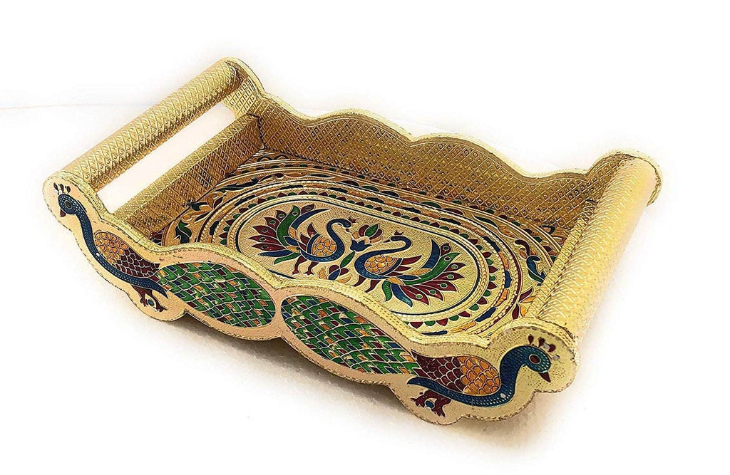 Peacock Design Glass With Handle And Handicraft Serving Tray Set - 9XShoppy