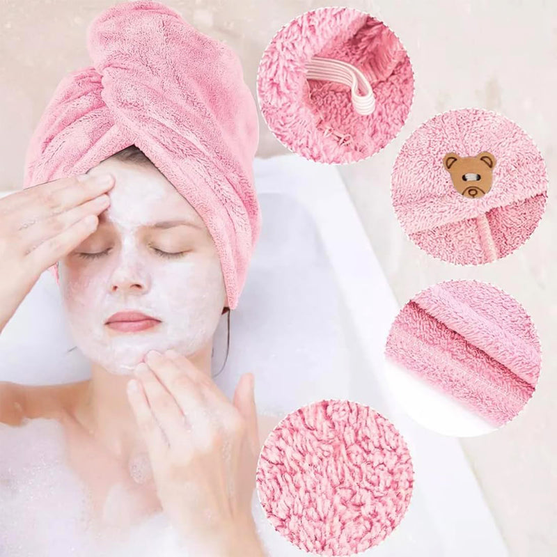 Soft Microfiber Hair Drying Towel Wrap With Cute Teddy Bear Button (1 Pc)